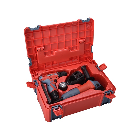 Aku vrtací šroubovák Extol Premium, 12V Li-ion (2x) a bruska úhlová 125mm v plastovém boxu (8898311)