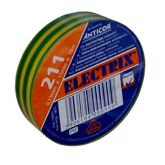 Elektrikářská páska Anticor Electrix 211 PVC/15mmx10m, 1 ks/balení, zeleno-žlutá