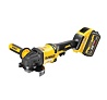 Aku úhlová bruska DeWALT s přídavnou rukojetí a lithium-iontovou baterií pro profesionální použití.